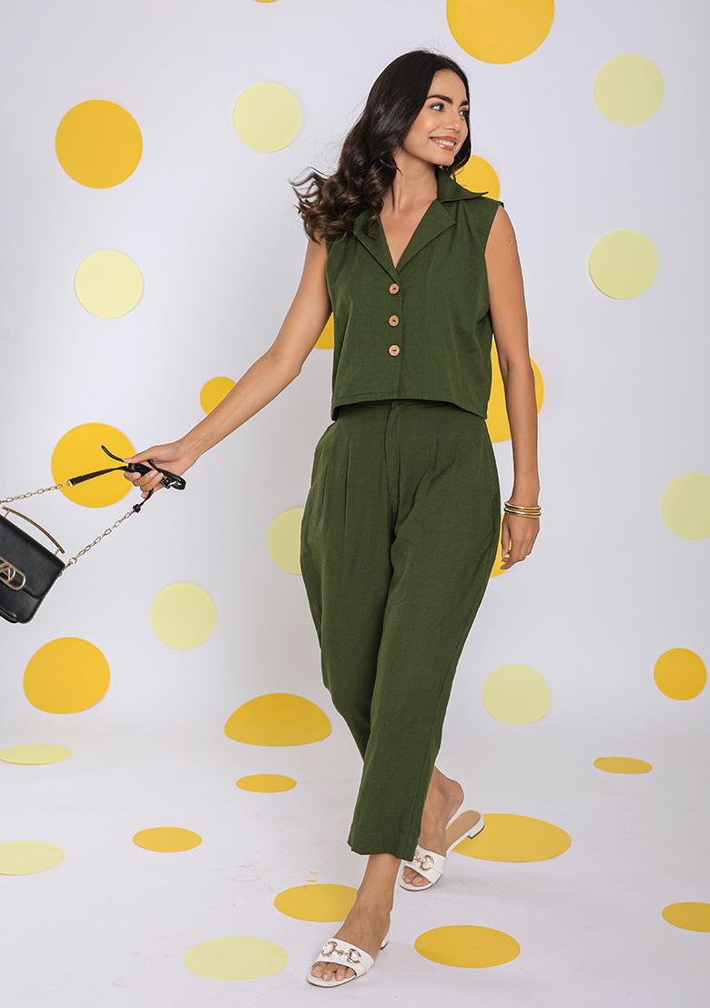 Olive Green Printed  Linen Co Ord Set