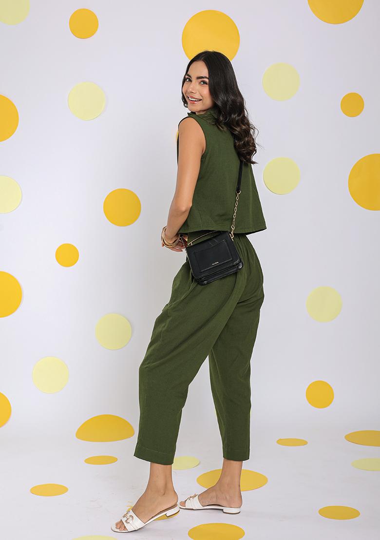 Olive Green Printed Linen Co Ord Set