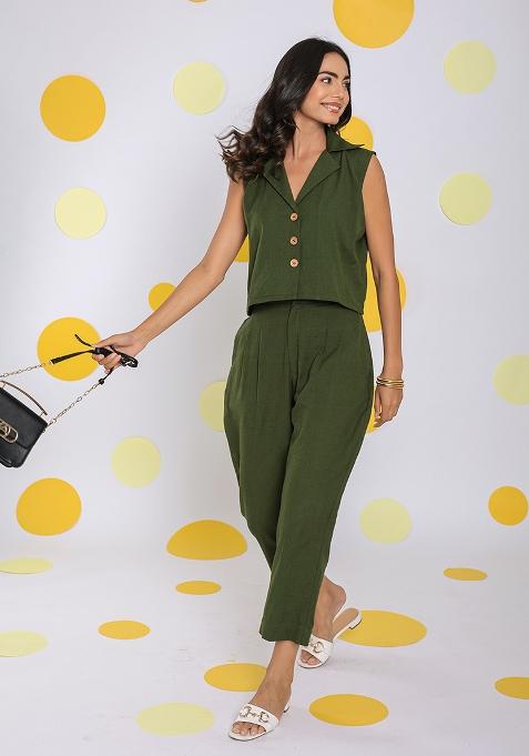 Olive Green Printed Linen Co Ord Set