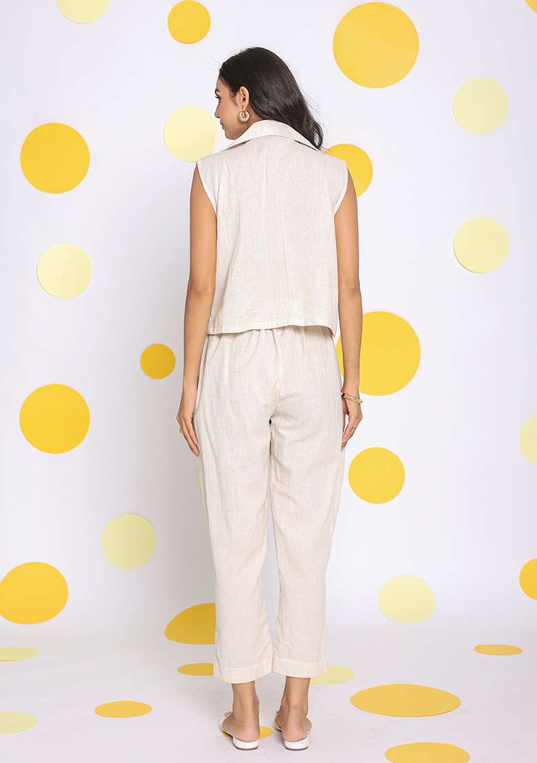 Off White Printed  Linen Co Ord Set - Indya