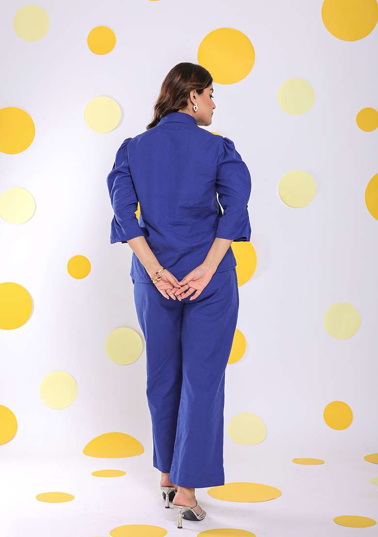 Royal Blue Printed  Linen Co Ord Set - Indya