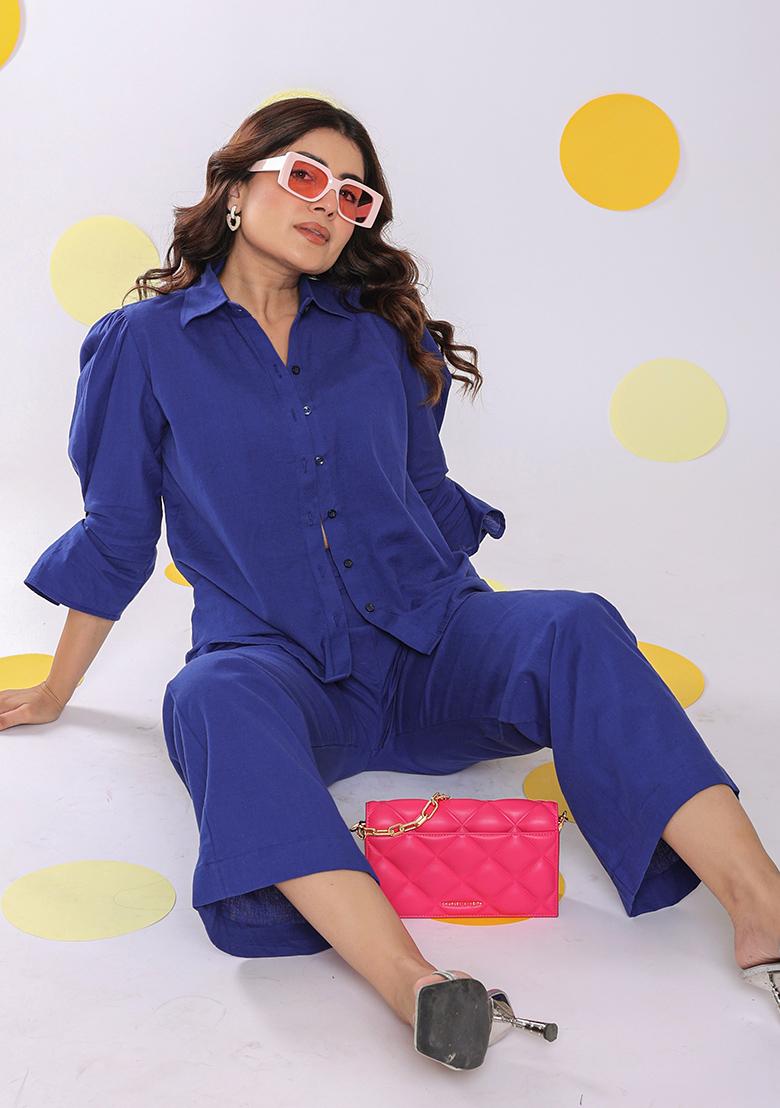 Royal Blue Printed  Linen Co Ord Set