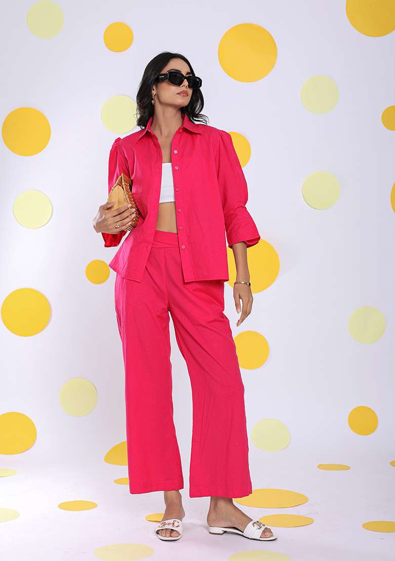 Hot Pink Printed  Linen Co Ord Set - Indya