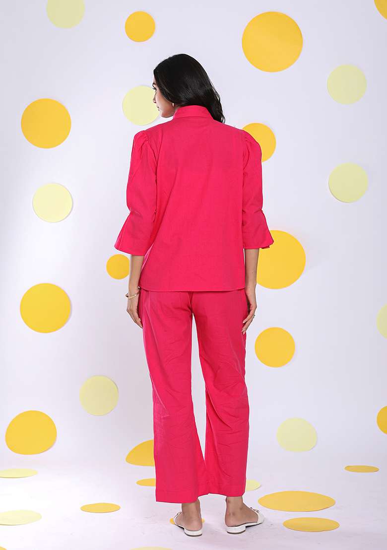 Hot Pink Printed  Linen Co Ord Set - Indya