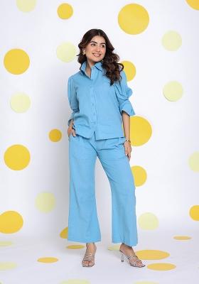 Sky Blue Printed  Linen Co Ord Set