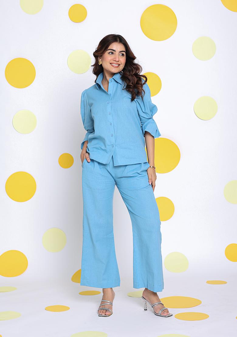 Sky Blue Printed Linen Co Ord Set