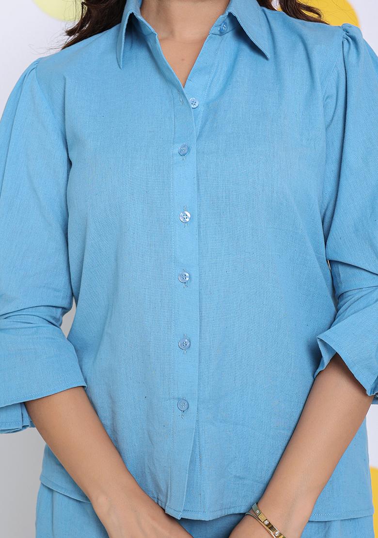 Sky Blue Printed  Linen Co Ord Set