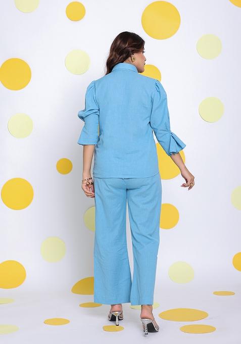 Sky Blue Printed Linen Co Ord Set