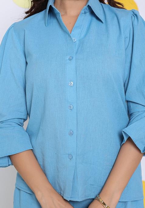 Sky Blue Printed Linen Co Ord Set