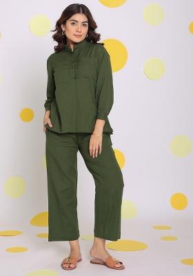 Olive Green Printed  Linen Co Ord Set