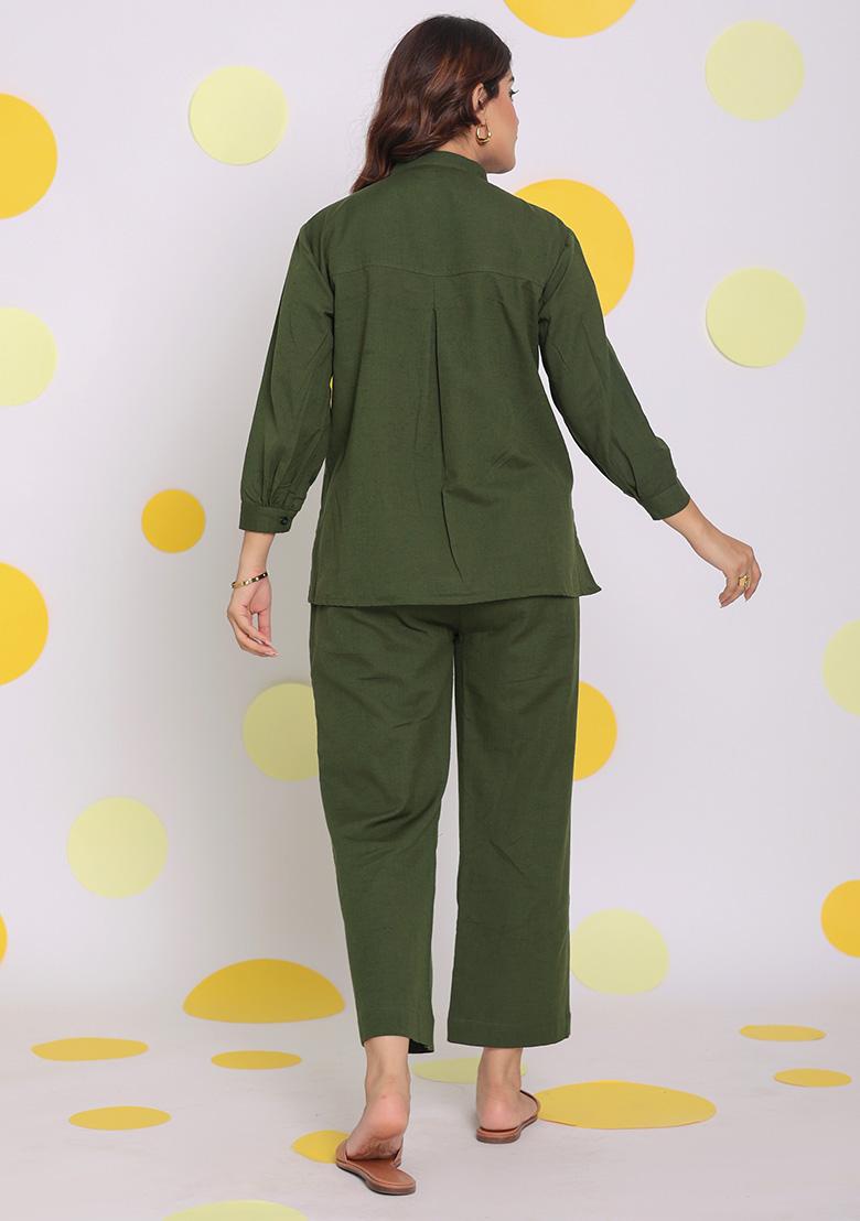 Olive Green Printed Linen Co Ord Set
