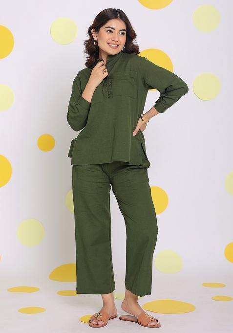 Olive Green Printed Linen Co Ord Set