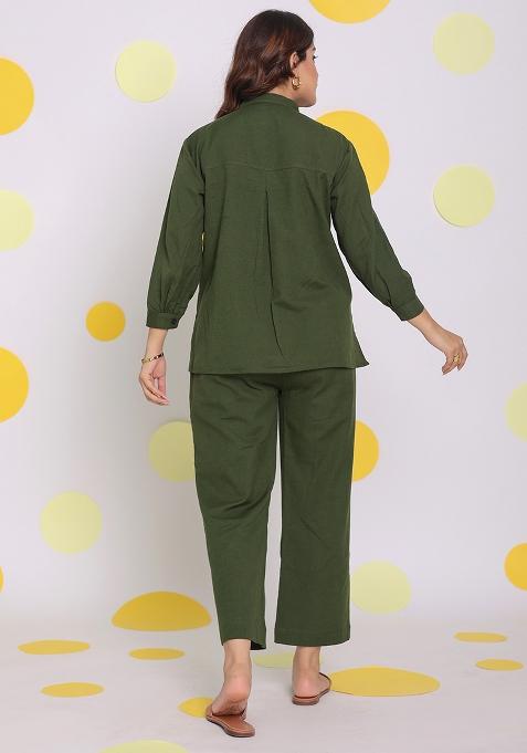 Olive Green Printed Linen Co Ord Set