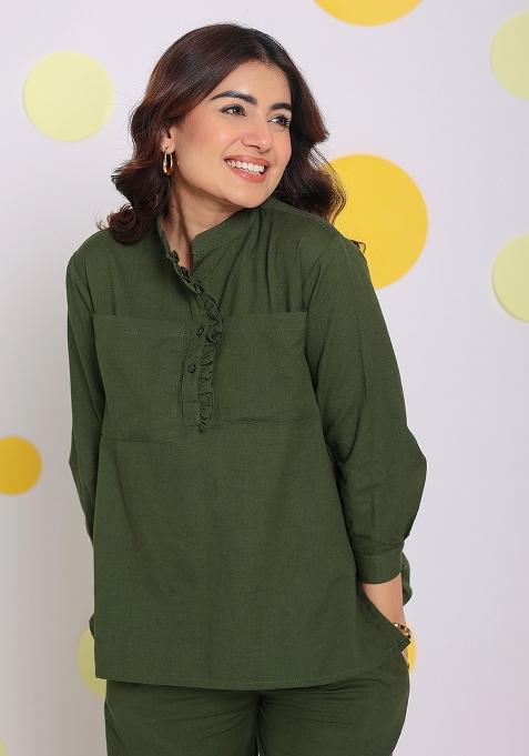 Olive Green Printed Linen Co Ord Set