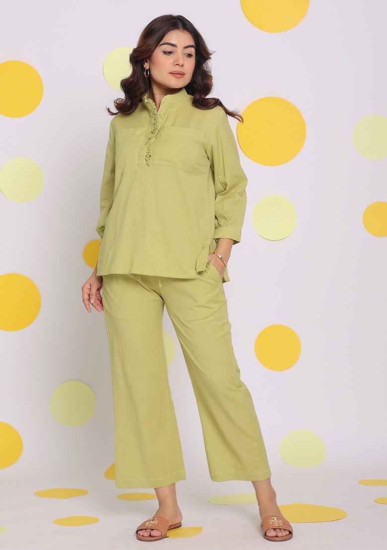 Light Green Printed Linen Co Ord Set