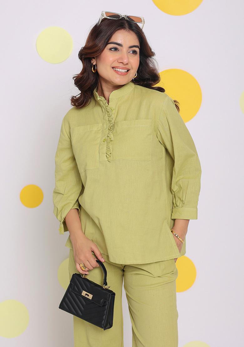 Light Green Printed  Linen Co Ord Set