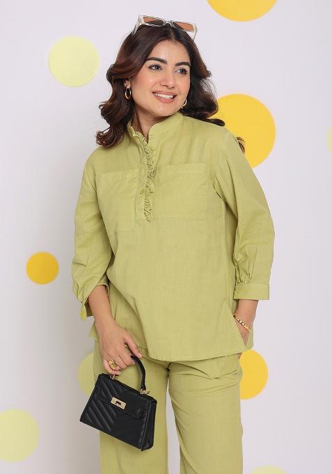 Light Green Printed Linen Co Ord Set