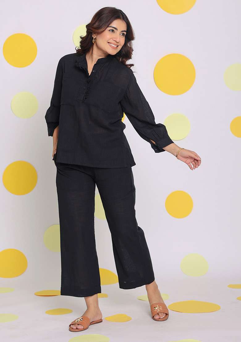 Black Printed  Linen Co Ord Set - Indya