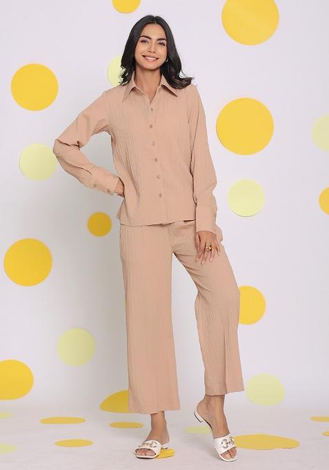 Beige Printed  Cotton Co Ord Set