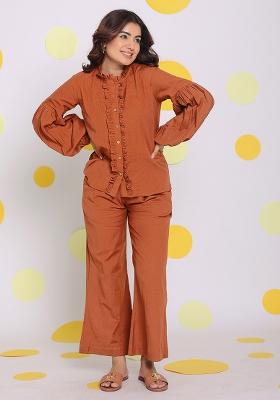 Brown Printed  Linen Co Ord Set