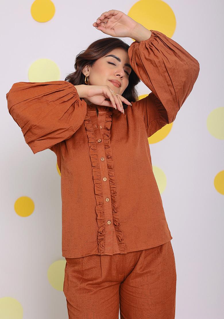 Brown Printed  Linen Co Ord Set