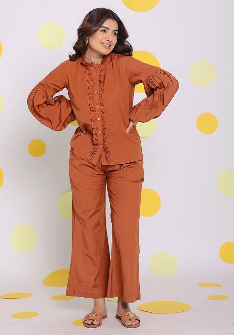 Brown Printed  Linen Co Ord Set