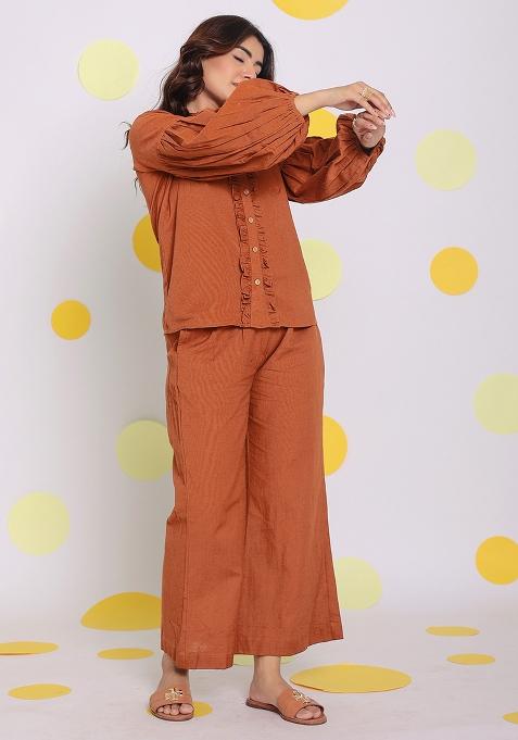 Brown Printed Linen Co Ord Set