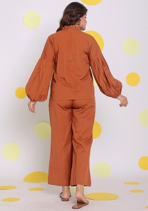 Brown Printed Linen Co Ord Set