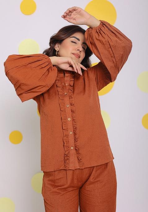 Brown Printed Linen Co Ord Set