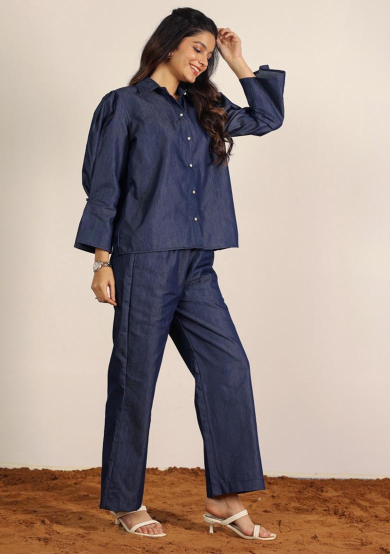 Dark Blue Printed  Cotton Co Ord Set