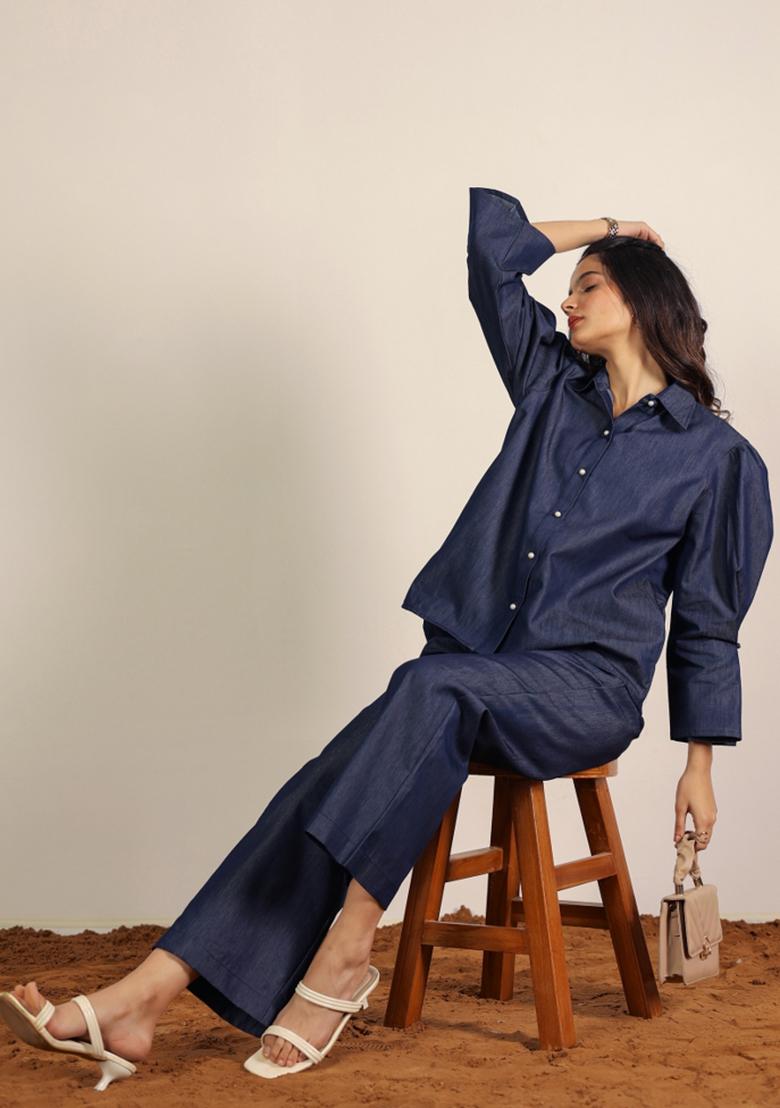 Dark Blue Printed  Cotton Co Ord Set