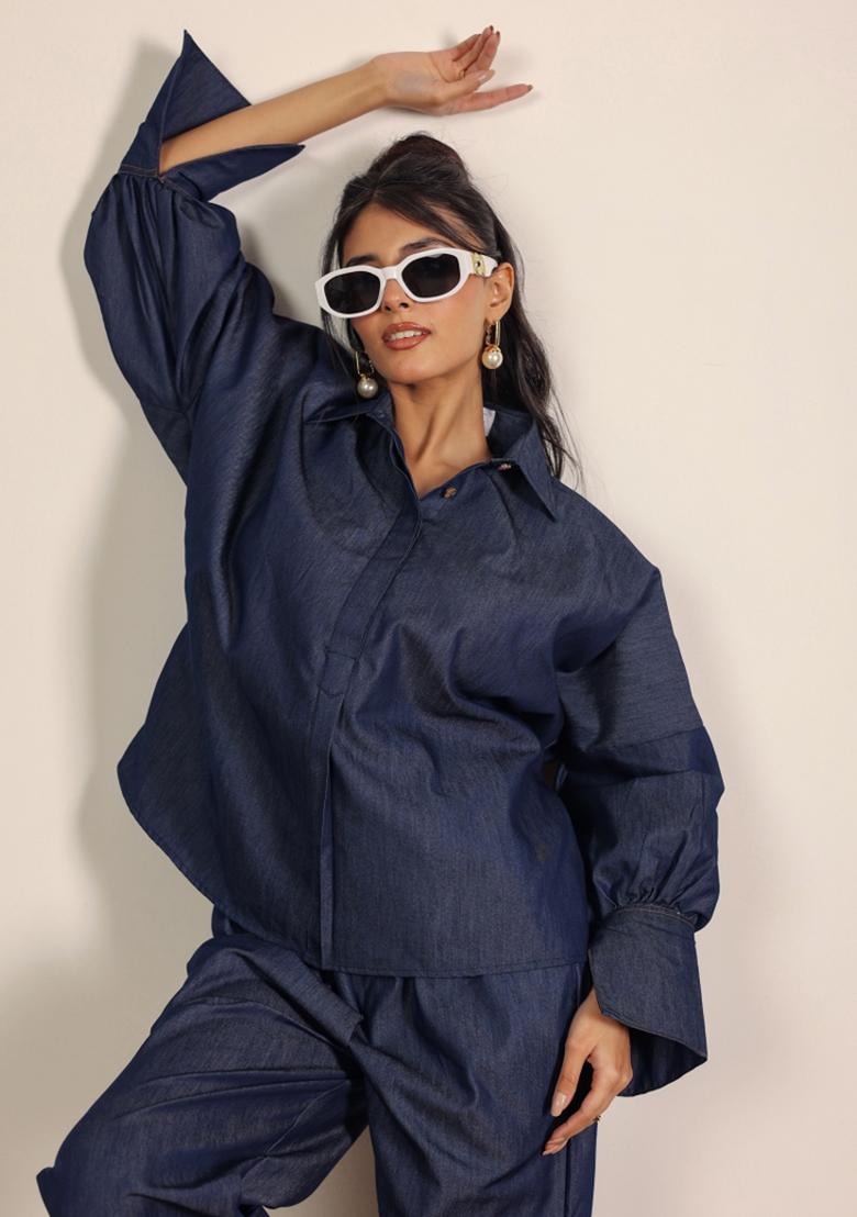 Dark Blue Printed  Cotton Co Ord Set