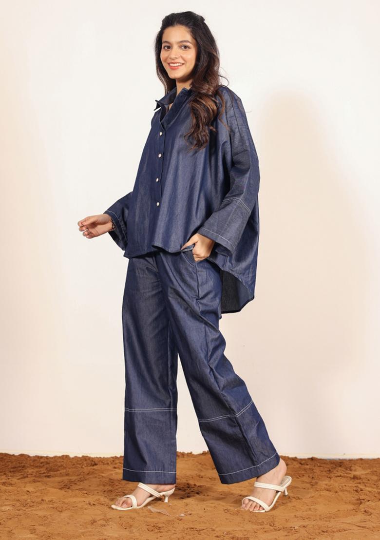 Dark Blue Printed  Cotton Co Ord Set