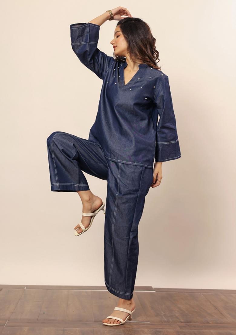 Dark Blue Printed  Cotton Co Ord Set