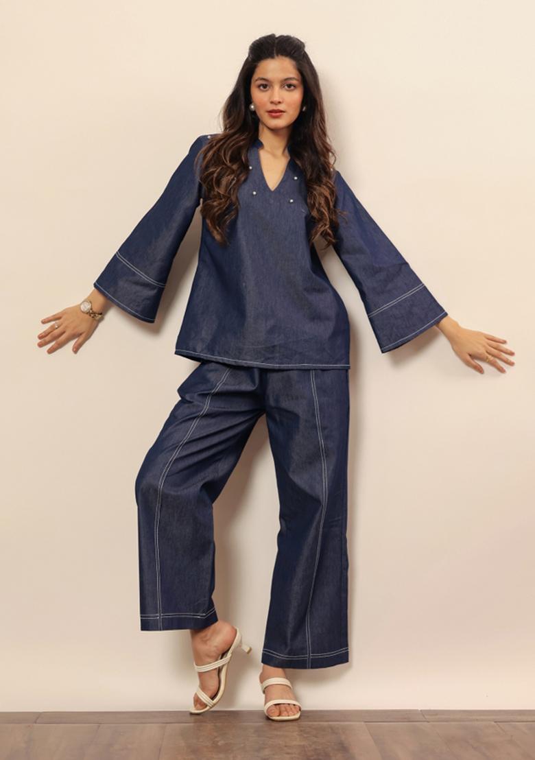 Dark Blue Printed  Cotton Co Ord Set