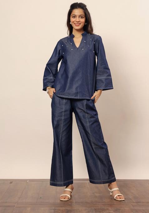 Dark Blue Printed  Cotton Co Ord Set