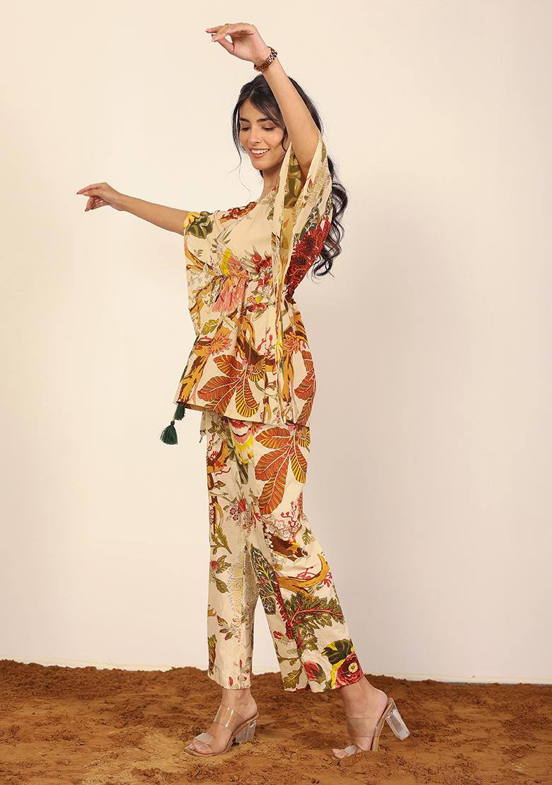 Beige And Multi Printed  Cotton Co Ord Set