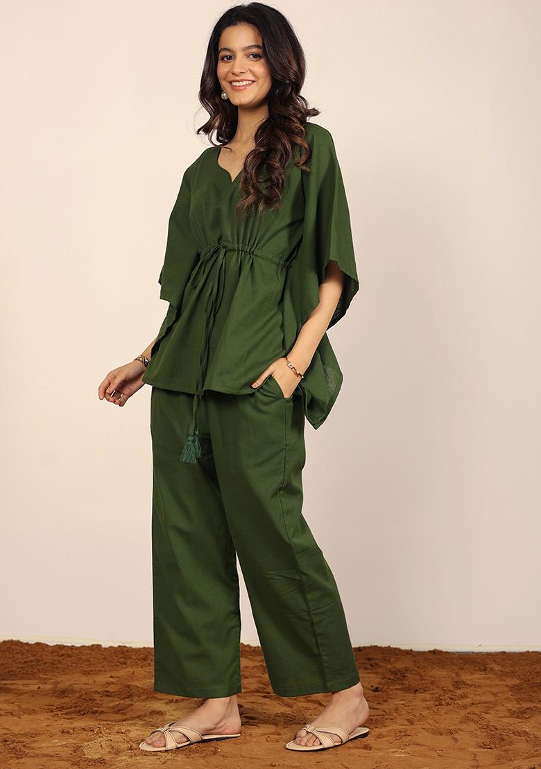Olive Green Printed  Linen Co Ord Set
