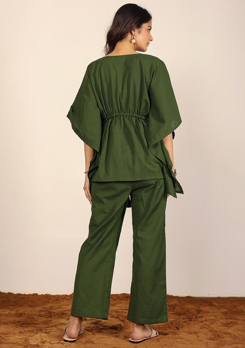 Olive Green Printed Linen Co Ord Set