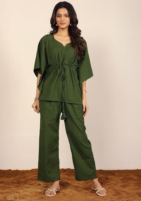 Olive Green Printed  Linen Co Ord Set