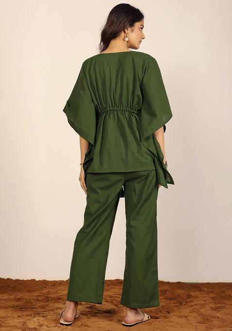 Olive Green Printed Linen Co Ord Set