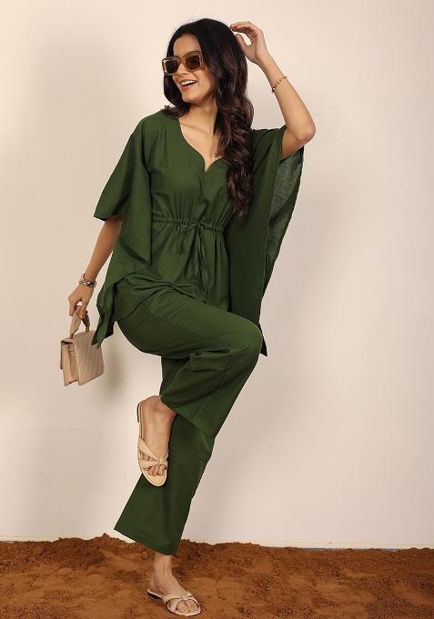 Olive Green Printed Linen Co Ord Set