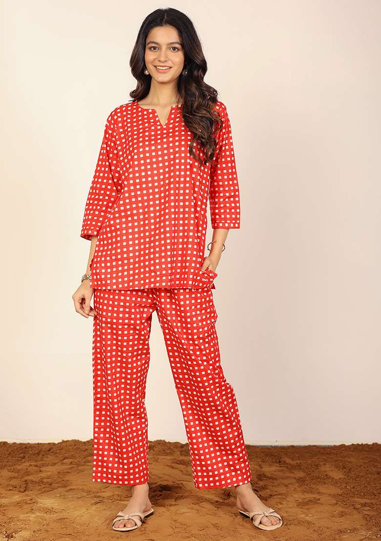Red Printed  Cotton Co Ord Set - Indya