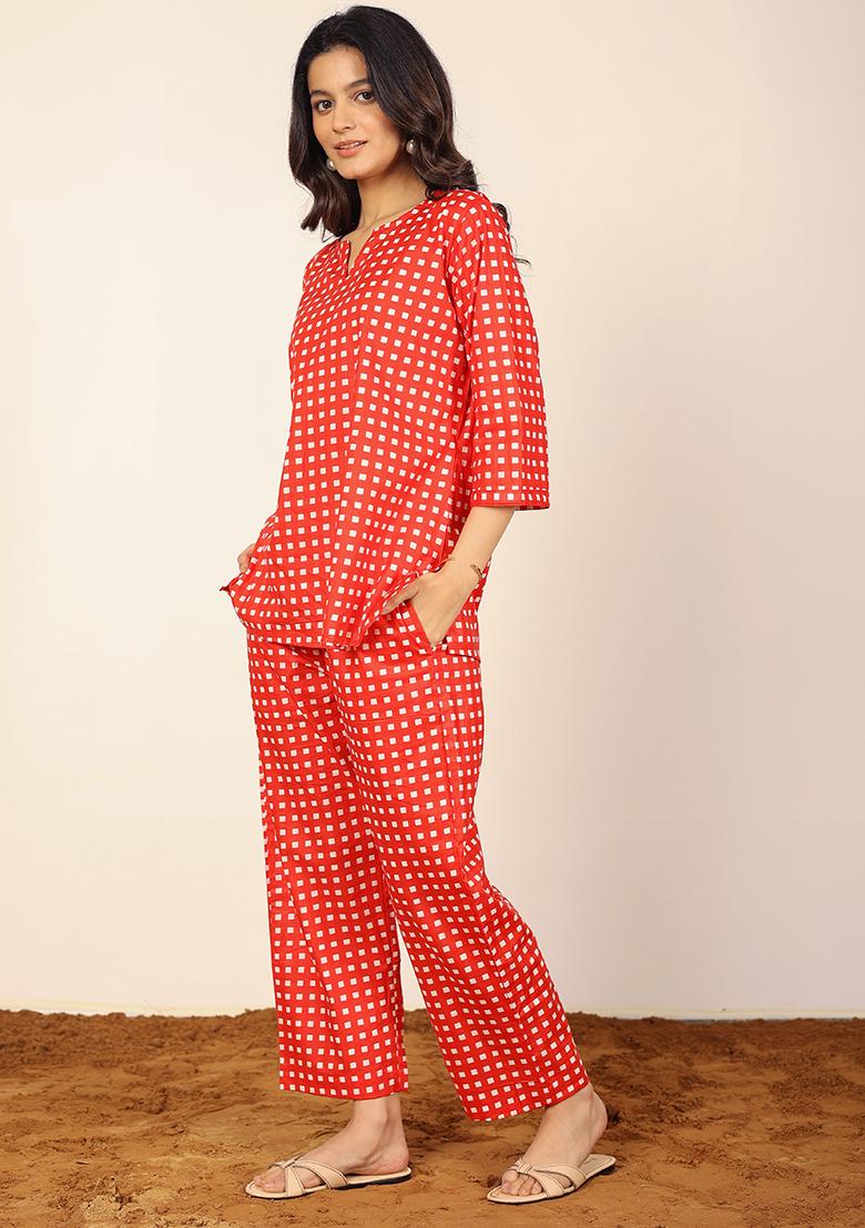 Red Printed  Cotton Co Ord Set