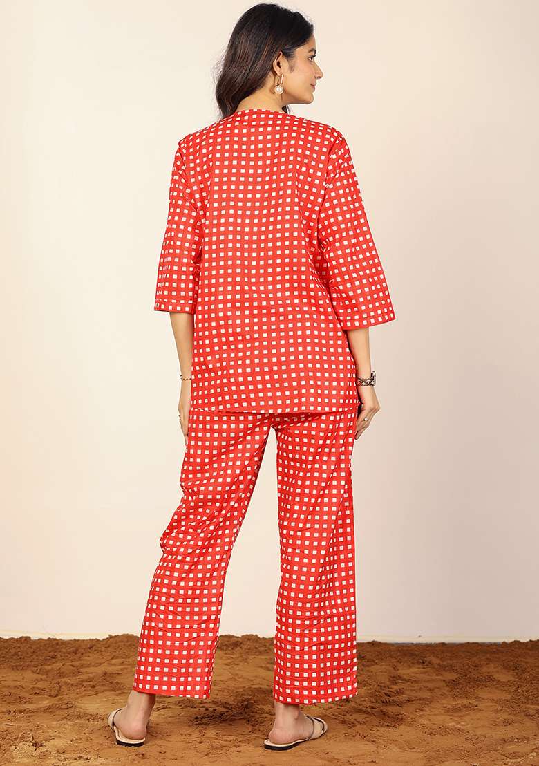 Red Printed  Cotton Co Ord Set - Indya
