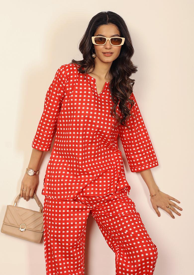 Red Printed  Cotton Co Ord Set