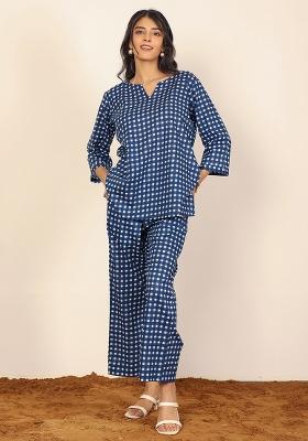 Blue And White Printed  Cotton Co Ord Set