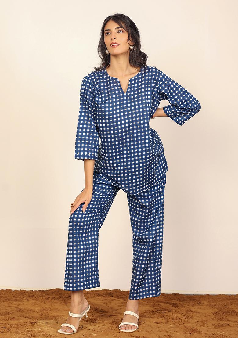 Blue And White Printed  Cotton Co Ord Set