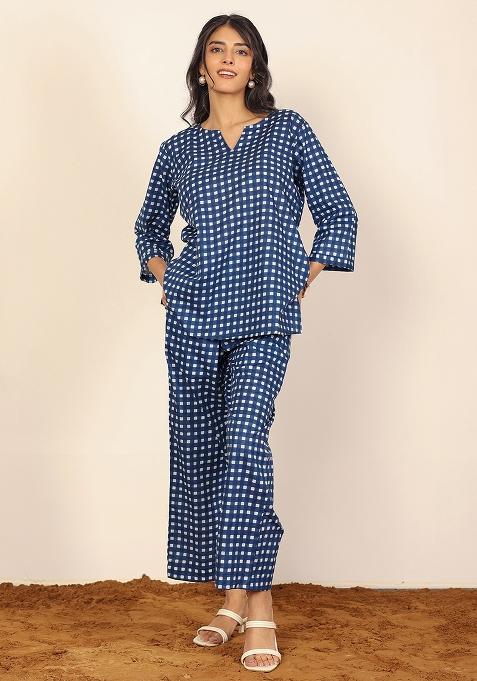 Blue And White Printed  Cotton Co Ord Set