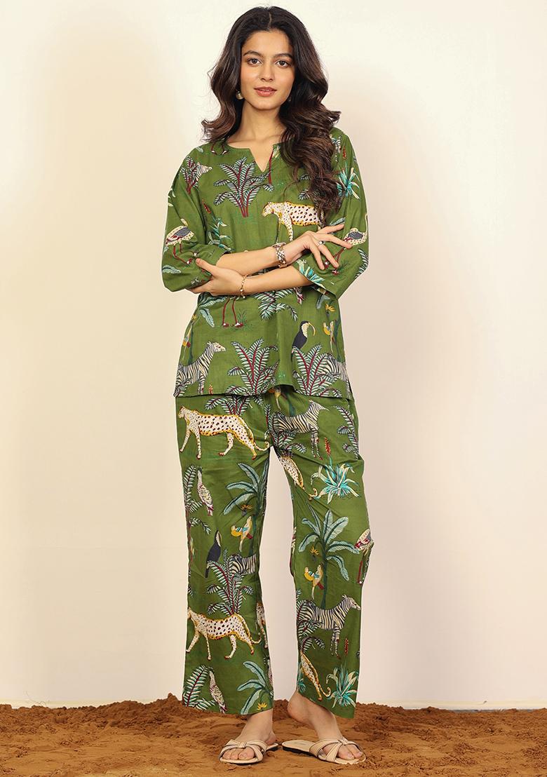 Green And Multi Printed  Cotton Co Ord Set